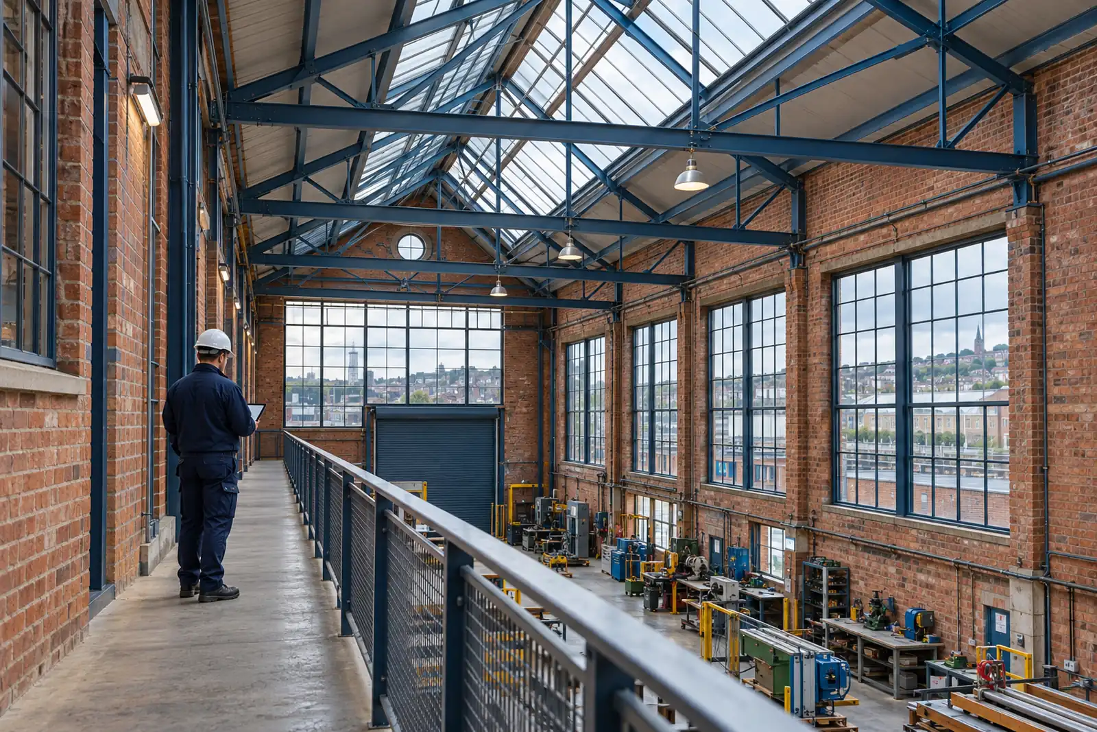 Surveyor reviewing a tablet inside an older brick commercial workshop