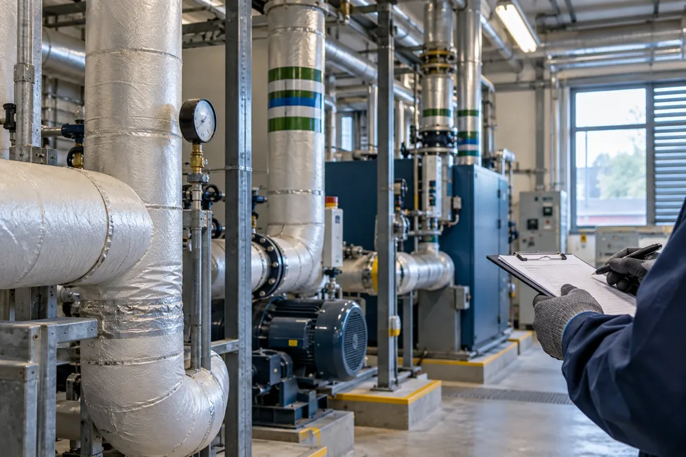 Intact pipework and panels inside a commercial plant room