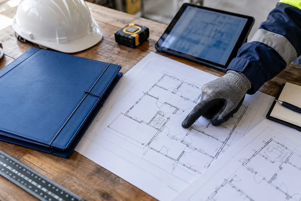 Building plans and a blue site folder on a work desk