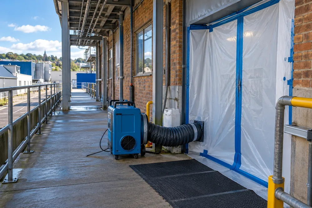 Sealed work enclosure entrance in a controlled industrial corridor