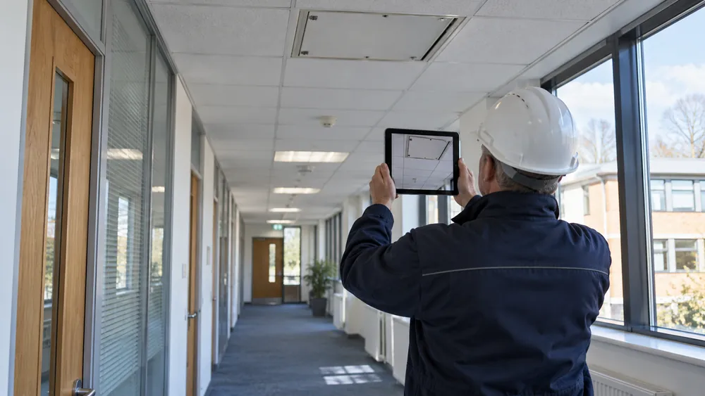 Surveyor documenting an intact ceiling hatch in a commercial corridor