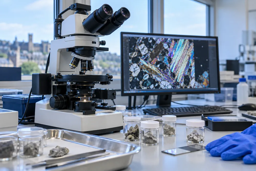 Microscope and sealed sample containers on a laboratory bench